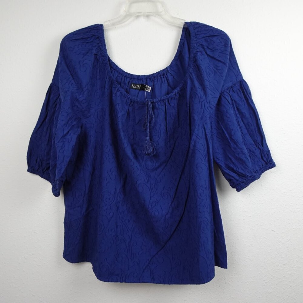 Ralph Lauren Cotton Tassel Tie Top Women's Plus Size 2X Blue Peasant Jacquard